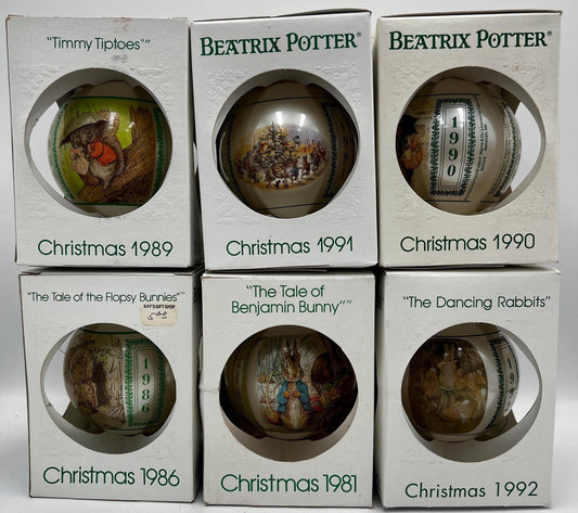 Vintage Beatrix Potter Schmid Glass Ball Christmas Ornaments (1981–1992) – Benjamin Bunny, Flopsy Bunnies, Timmy Tiptoes - Sold Individually