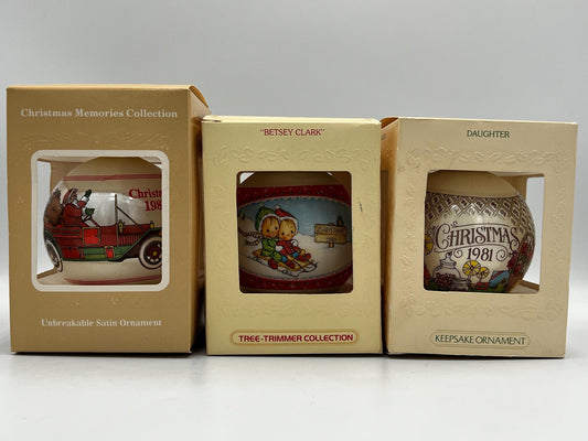 Vintage Christmas Ornament Trio – Hallmark Keepsake Christmas Memories Collection – Betsey Clark, Daughter & Satin Ornament – Original Box