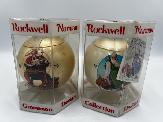 Vintage Norman Rockwell Glass Ball Christmas Ornaments Set of 2 – Saturday Evening Post Collection – Original Boxes – 1970s/1980s Holiday