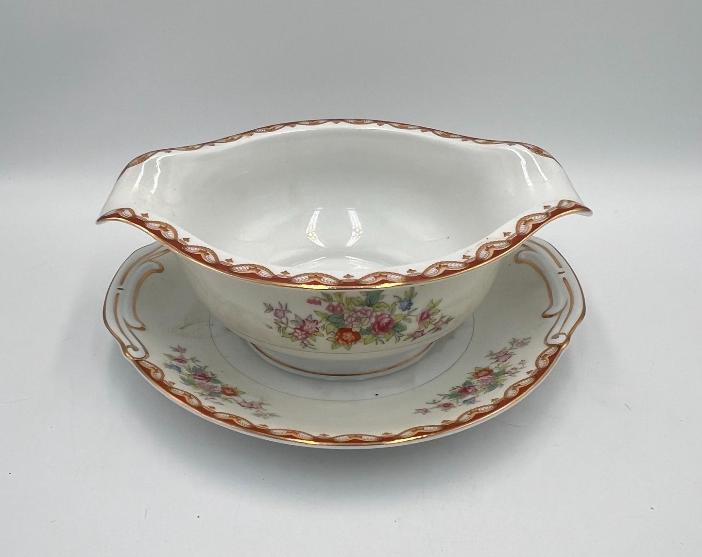 Vintage Diamond China Japan Gravy Boat with Underplate, Floral Gold Trim Serving Dish, Mid Century Japanese Porcelain