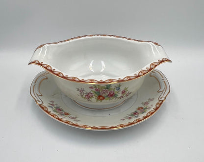Vintage Diamond China Japan Gravy Boat with Underplate, Floral Gold Trim Serving Dish, Mid Century Japanese Porcelain