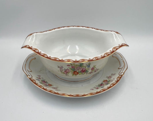 Vintage Diamond China Japan Gravy Boat with Underplate, Floral Gold Trim Serving Dish, Mid Century Japanese Porcelain