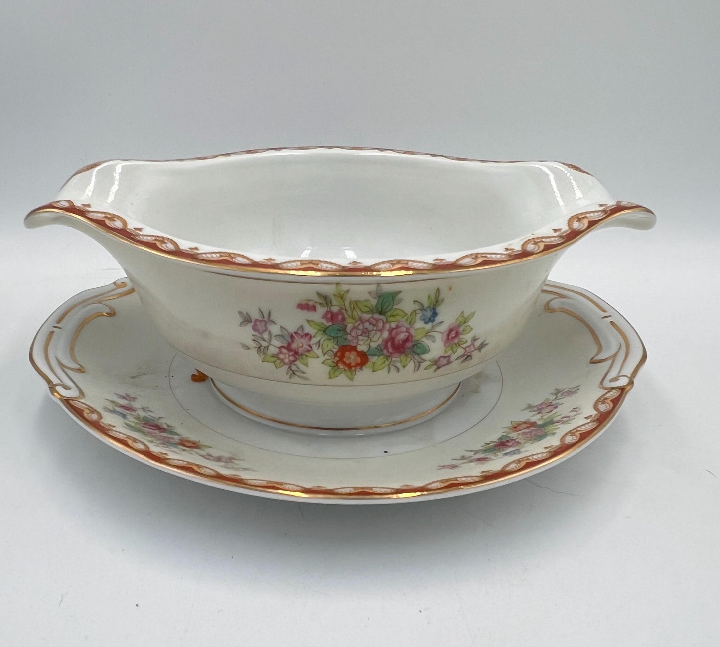 Vintage Diamond China Japan Gravy Boat with Underplate, Floral Gold Trim Serving Dish, Mid Century Japanese Porcelain