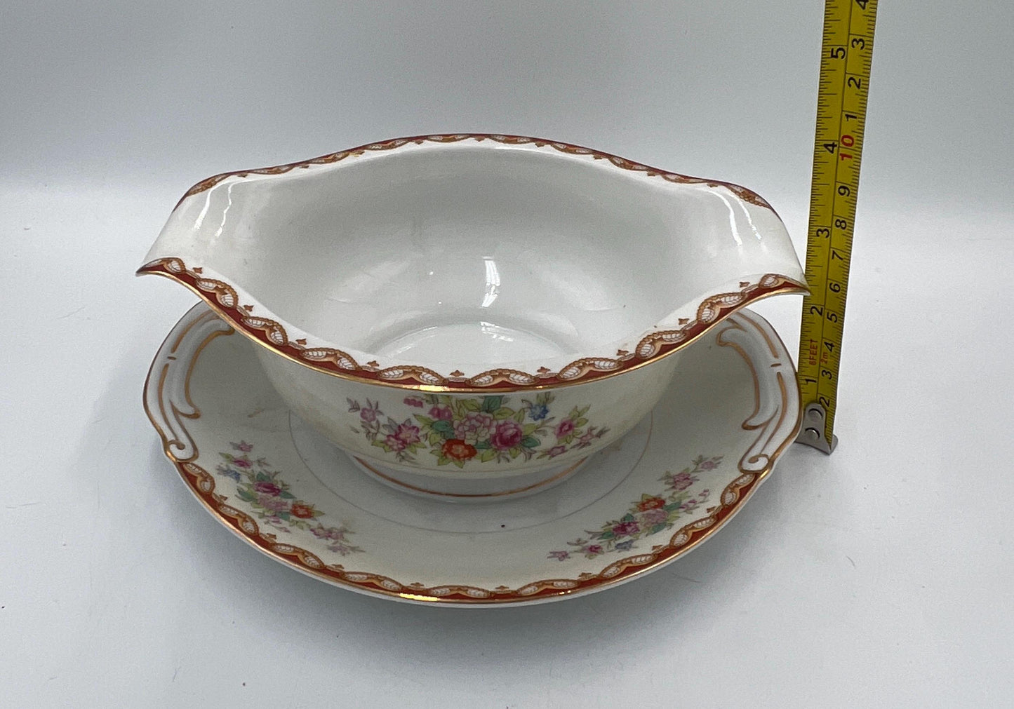 Vintage Diamond China Japan Gravy Boat with Underplate, Floral Gold Trim Serving Dish, Mid Century Japanese Porcelain