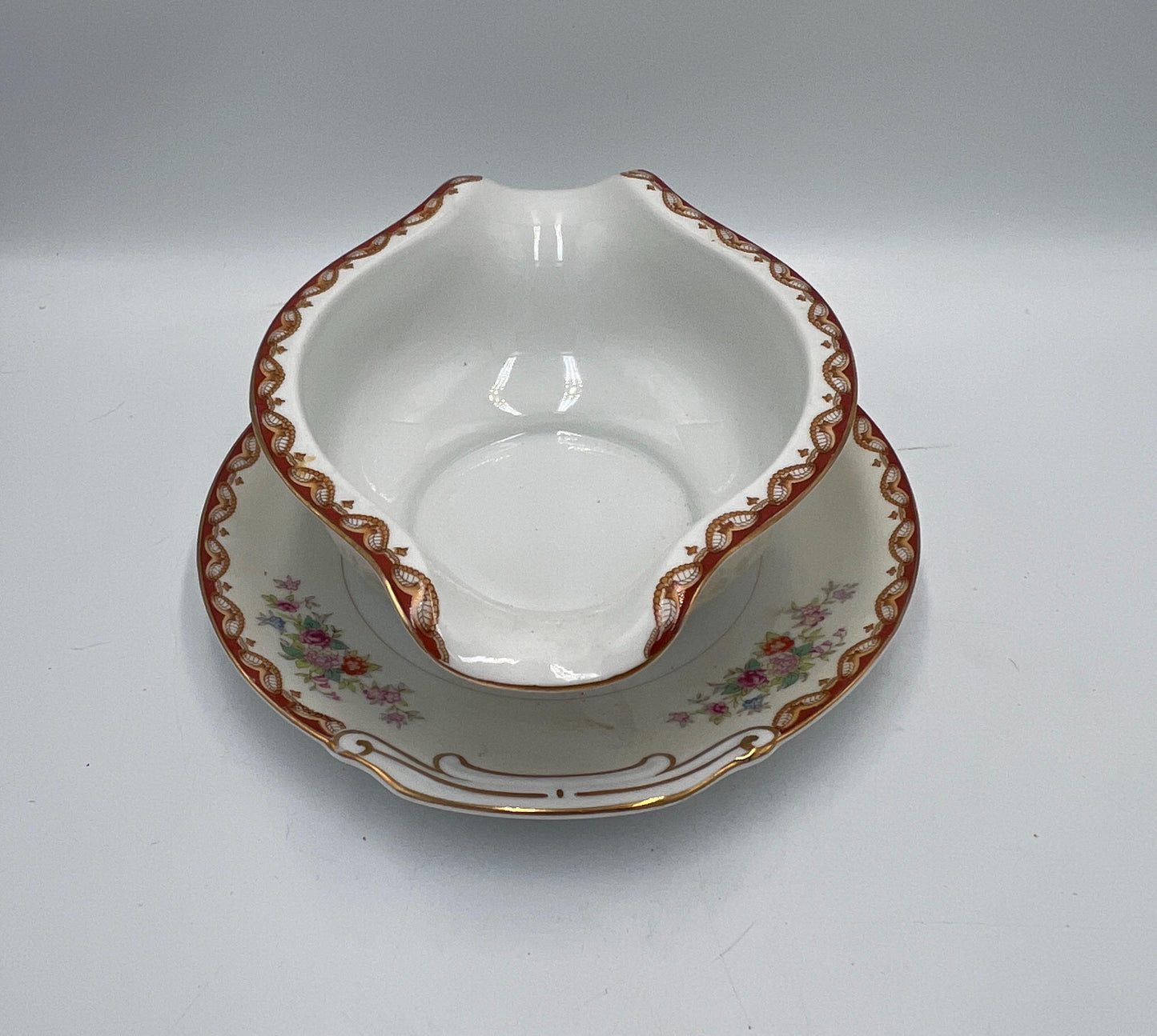 Vintage Diamond China Japan Gravy Boat with Underplate, Floral Gold Trim Serving Dish, Mid Century Japanese Porcelain