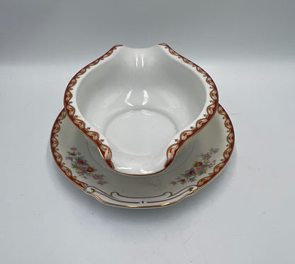 Vintage Diamond China Japan Gravy Boat with Underplate, Floral Gold Trim Serving Dish, Mid Century Japanese Porcelain