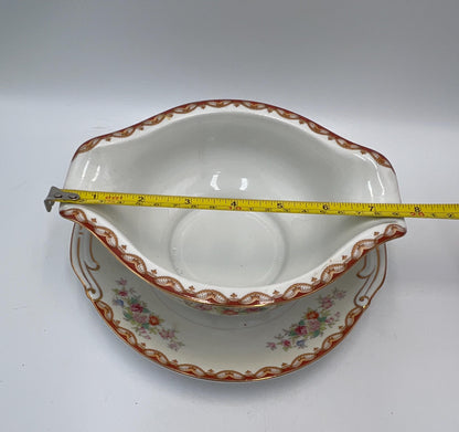 Vintage Diamond China Japan Gravy Boat with Underplate, Floral Gold Trim Serving Dish, Mid Century Japanese Porcelain