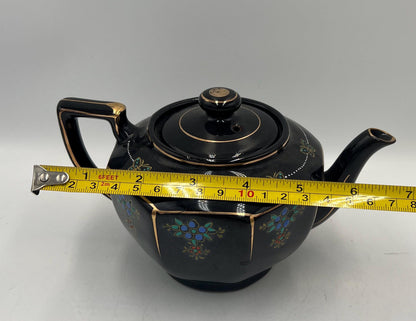 Vintage Japanese Black Porcelain Teapot Gold Trim Blue Floral Butterfly Design Art Deco Tea Pot Made in Japan with Lid