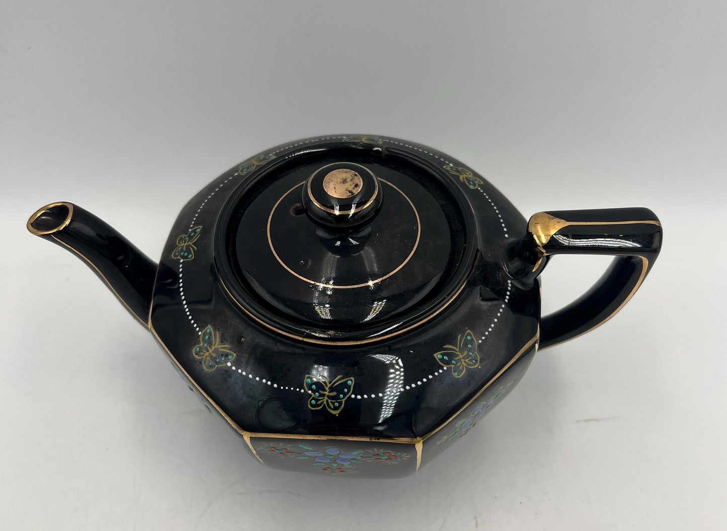 Vintage Japanese Black Porcelain Teapot Gold Trim Blue Floral Butterfly Design Art Deco Tea Pot Made in Japan with Lid