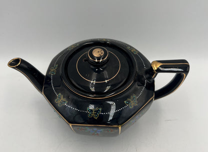 Vintage Japanese Black Porcelain Teapot Gold Trim Blue Floral Butterfly Design Art Deco Tea Pot Made in Japan with Lid