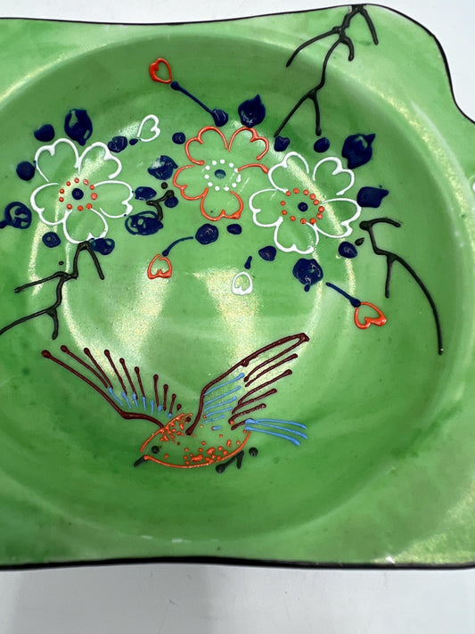 Vintage Made in Japan Green Lusterware Bird Floral Trinket Dish Hand Painted Square Decorative Bowl Mid Century Japanese Porcelain