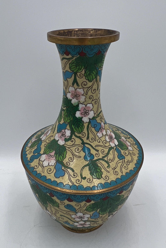 Vintage Chinese Cloisonné Enamel Vase Brass Floral Cherry Blossom Cream Ground 9.5” Handcrafted Asian Decorative Art