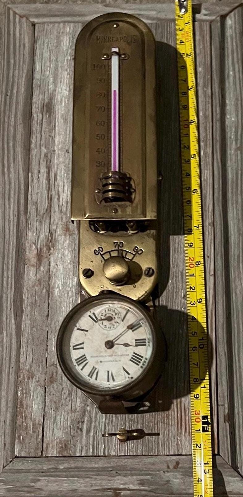 Antique Minneapolis Heat Regulator Thermostat w Clock | Early Programmable Wall Thermometer | Industrial Brass Heating Control | c.1915-1918