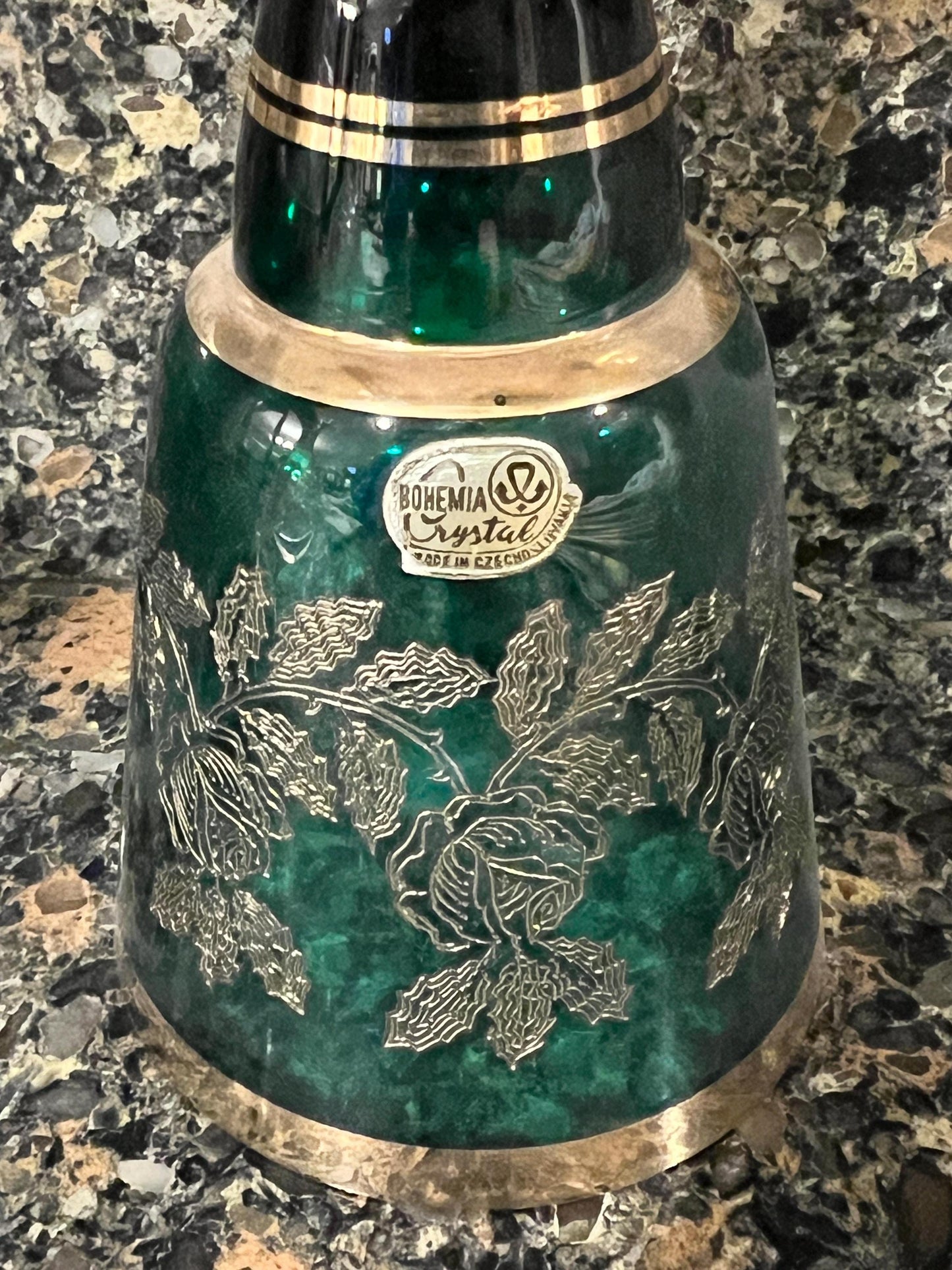 Vintage Pair of Bohemian Czech Crystal Green Bells Encrusted Gold Hand Painted Bohemia Glam