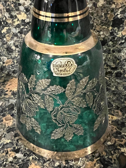 Vintage Pair of Bohemian Czech Crystal Green Bells Encrusted Gold Hand Painted Bohemia Glam