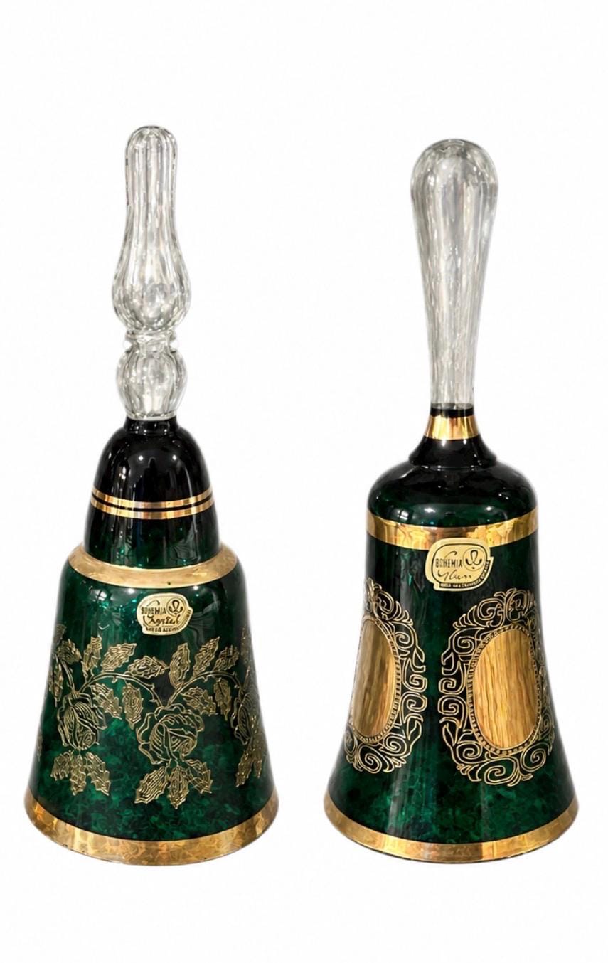 Vintage Pair of Bohemian Czech Crystal Green Bells Encrusted Gold Hand Painted Bohemia Glam