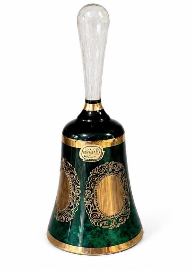 Vintage Pair of Bohemian Czech Crystal Green Bells Encrusted Gold Hand Painted Bohemia Glam