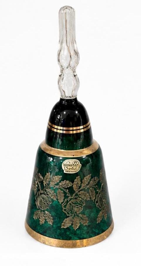 Vintage Pair of Bohemian Czech Crystal Green Bells Encrusted Gold Hand Painted Bohemia Glam