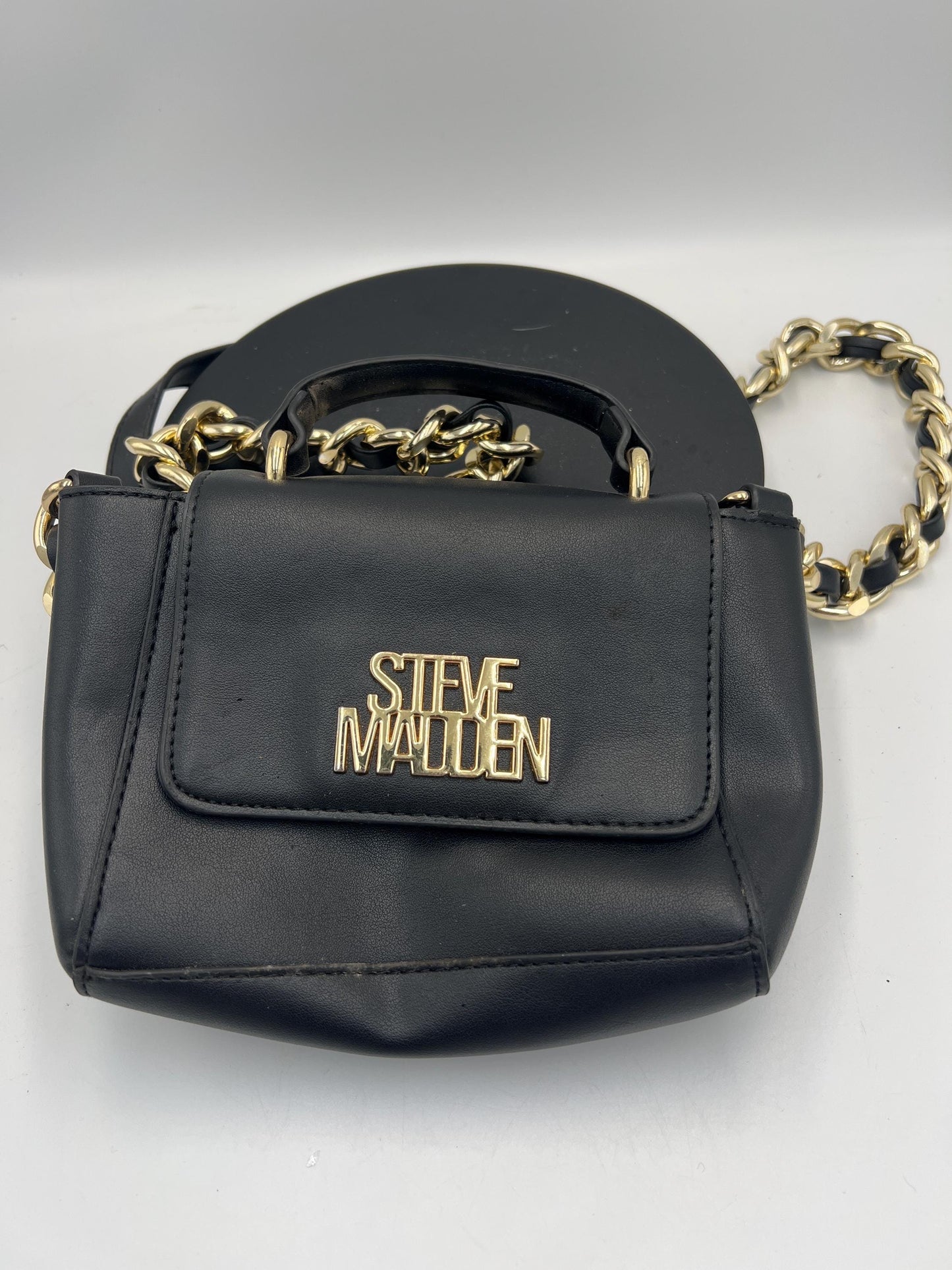 Steve Madden BELSA Mini Crossbody Purse Black Faux Leather Gold Chain Top Handle Satchel Small Shoulder Bag
