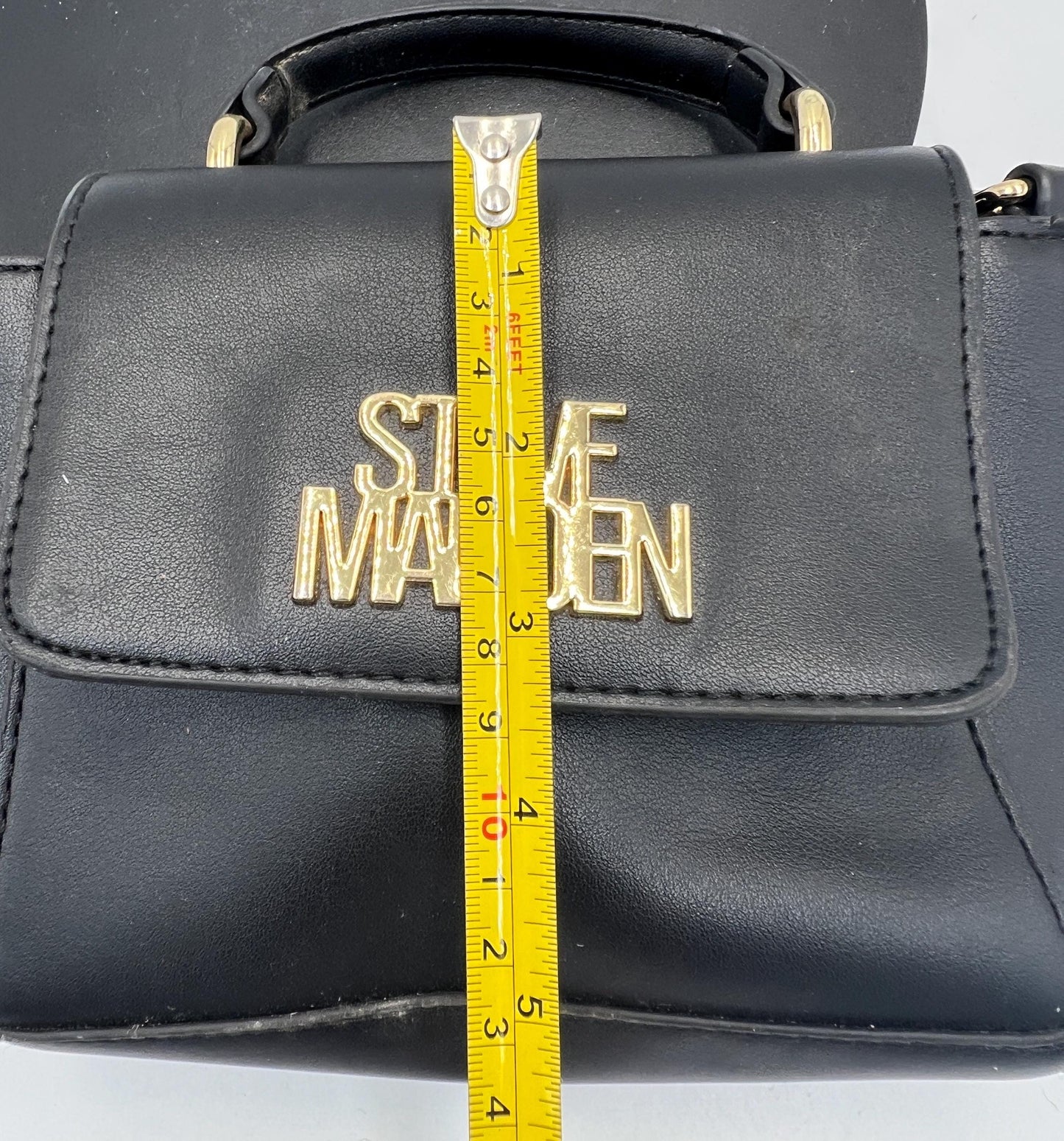 Steve Madden BELSA Mini Crossbody Purse Black Faux Leather Gold Chain Top Handle Satchel Small Shoulder Bag