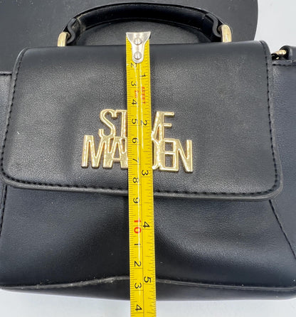 Steve Madden BELSA Mini Crossbody Purse Black Faux Leather Gold Chain Top Handle Satchel Small Shoulder Bag