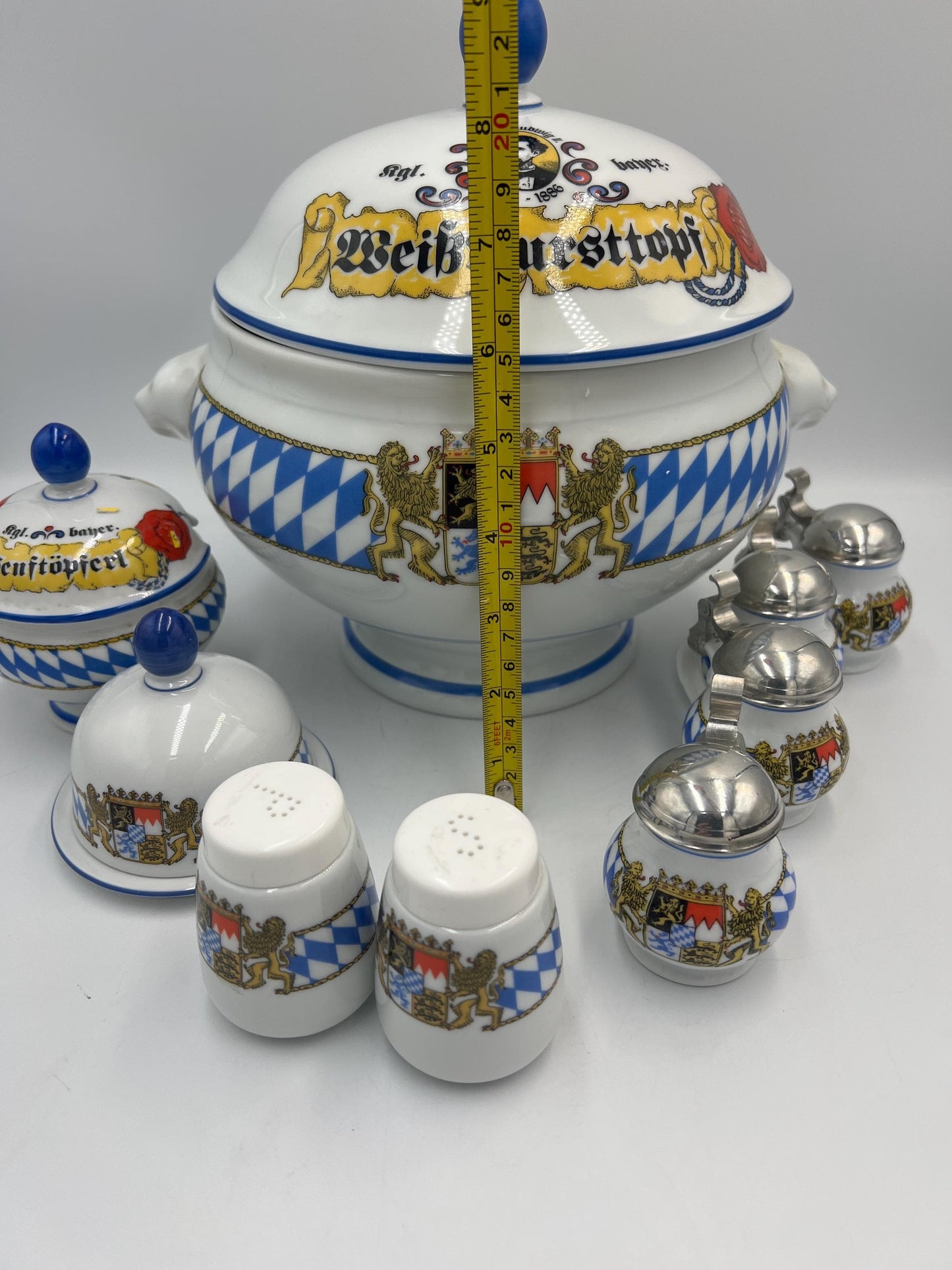 Ceramic Lidded Pot 9 pc Set, Bavaria Germany, Coat of Arms