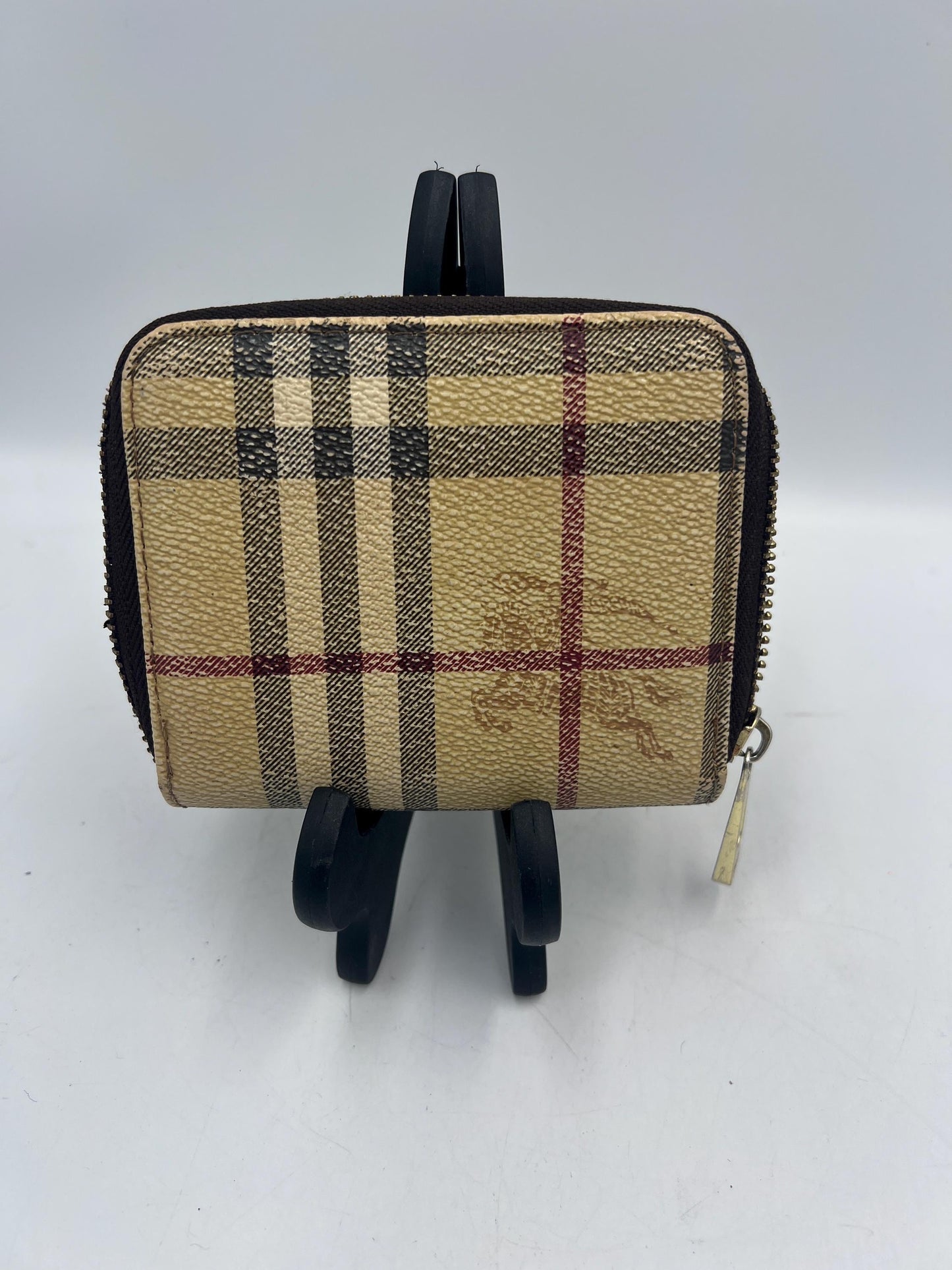 Burberry Nova Check Zip Around Wallet Beige Plaid Compact Wallet Coin Purse Card Holder Brown Trim Authentic Vintage Style