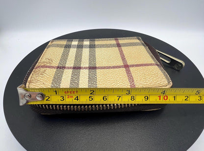 Burberry Nova Check Zip Around Wallet Beige Plaid Compact Wallet Coin Purse Card Holder Brown Trim Authentic Vintage Style