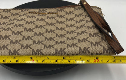 Michael Kors MK Signature Wristlet Clutch Brown Beige Logo Canvas Wristlet Zip Pouch Designer Wallet Makeup Bag