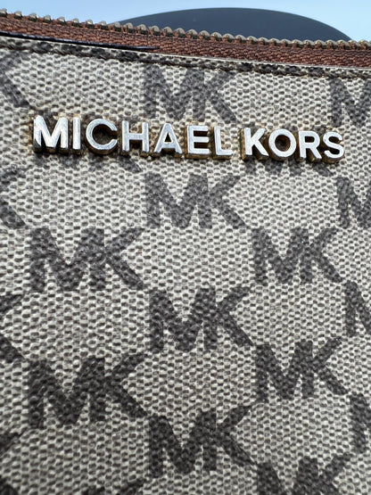 Michael Kors MK Signature Wristlet Clutch Brown Beige Logo Canvas Wristlet Zip Pouch Designer Wallet Makeup Bag