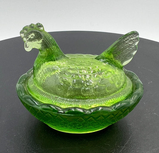 Miniature Emerald Green Glass Hen on Nest Dish