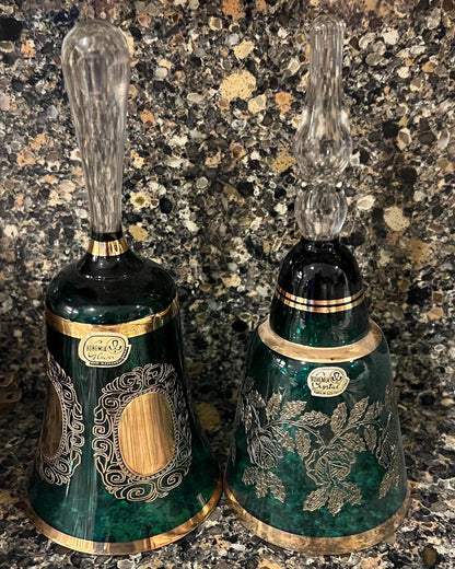 Vintage Pair of Bohemian Czech Crystal Green Bells Encrusted Gold Hand Painted Bohemia Glam