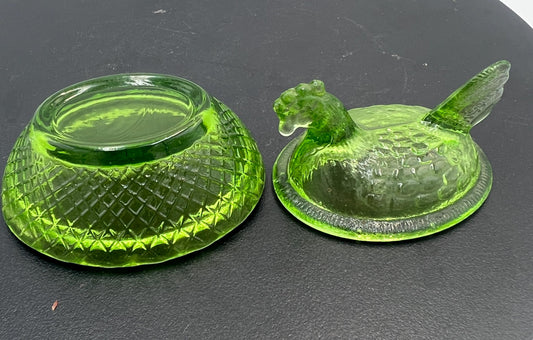 Miniature Emerald Green Glass Hen on Nest Dish