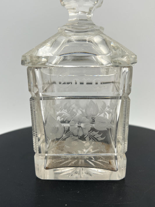 Antique Cut Crystal Vanity Jar Inscribed Cora